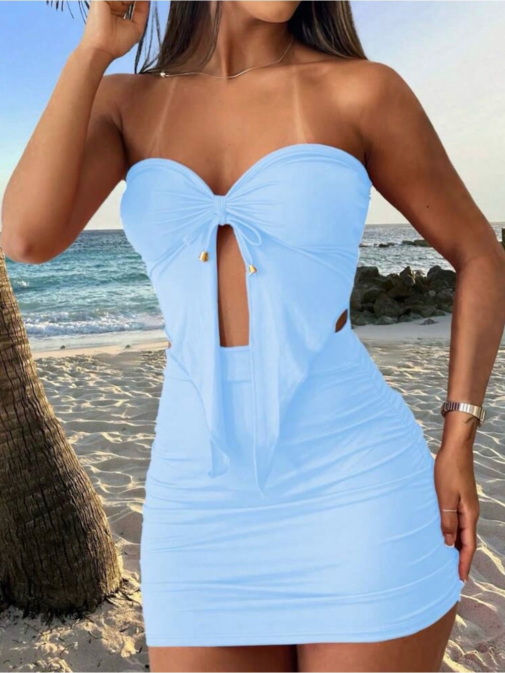 Light Blue Women’s Ruched Mini Skirt Set - Brand